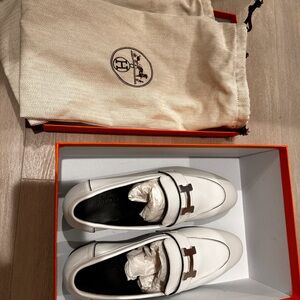 Hermes White Leather Women's Loafers